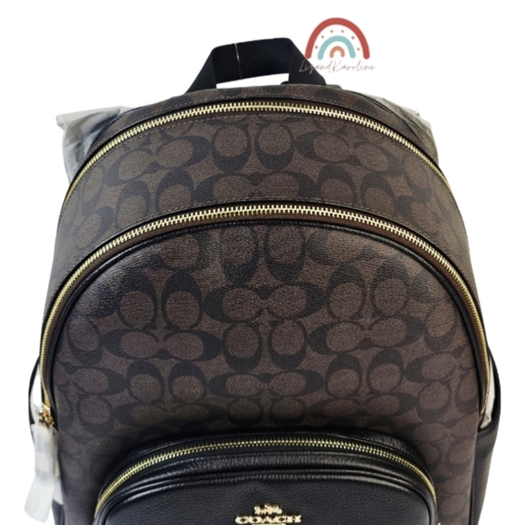 New! Coach Large Court Backpack in Signature Canvas Leather Gold Brown Black main image 7